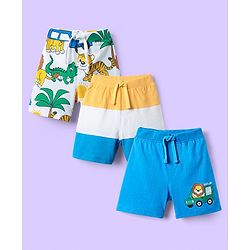 Babyhug Cotton Single Jersey Knit Mid Thigh Shorts With Stripes & Animal Print Pack Of 3 - Light Blue Yellow & White