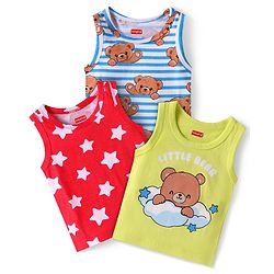 Babyhug 100% Cotton Knit Sleeveless Sandos with Bear & Stars Print Pack of 3 - Red Light Green & Blue