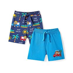 Babyhug Cotton Knit Mid Thigh Shorts with Beach Theme Print Pack of 2 - Navy & Light Blue