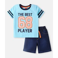 Babyhug Single Jersey Knit Half Sleeves T-Shirt & Denim Shorts Set with Text Print & Tape Detailing - Light Blue