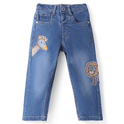 Babyhug Denim Full Length Washed Jeans With Stretch & Animal Patch -Blue