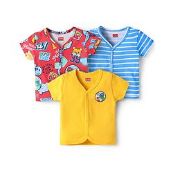 Babyhug 100% Cotton Interlock Knit Front Open Vests With Striped & Text Print Pack Of 3 - Light Blue Yellow & Red