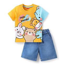 Babyhug Knitted Half Sleeves Animal Printed T-Shirt & Denim Shorts Set - Yellow & Blue