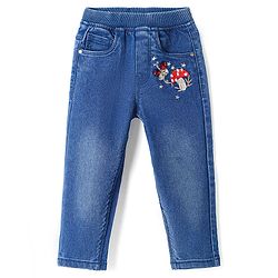 Babyhug Full Length Washed Denim Jegging With Mushroom Embroidery & Stretch - Blue