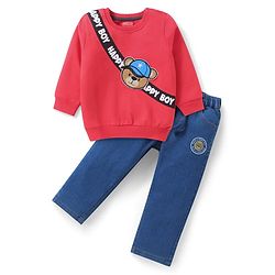 Babyhug Terry Knit Full Sleeves Sweatshirt & Denim Jeans Set With Teddy Bear Patch - Red & Blue