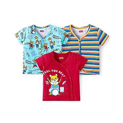 Babyhug 100% Cotton Knit Half Sleeves Front Open Jhablas With Stripes & Animal Print Pack Of 3 - Red & Light Blue