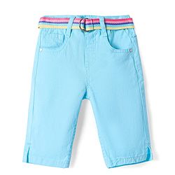 Babyhug Twill Woven Solid Capri with Stretch & Fabric Belt - Light Blue
