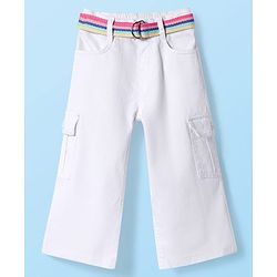 Babyhug Twill Woven Full Length Solid Color Flared Pants with Belt - White