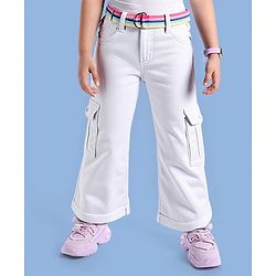 Babyhug Twill Woven Full Length Solid Color Flared Pants with Belt - White