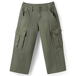 Babyhug Twill Woven Full Length Wide Leg Solid Color Trouser with Stretch - Olive Green