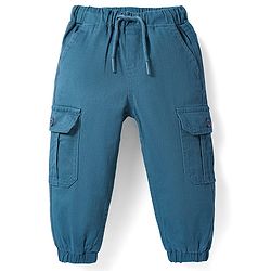 Babyhug Twill Woven Full Length Solid Color Stretchable Trouser with Cargo Pockets - Teal Blue