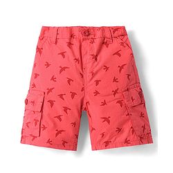 Babyhug Cotton Woven Above Knee Length Bermuda with Bird Print - Coral
