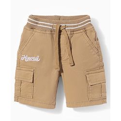 Babyhug Twill Woven Above Knee Length Text Printed Bermuda With Side Pockets & Stretch - Khaki