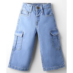 Babyhug Full Length Wide Leg Denim Washed Jeans With Stretch & Cargo Pockets - Blue