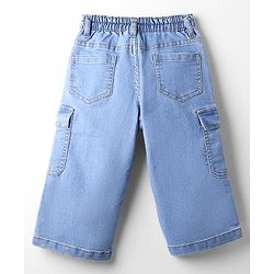 Babyhug Full Length Wide Leg Denim Washed Jeans With Stretch & Cargo Pockets - Blue