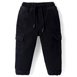 Babyhug Full Length Washed Denim Jogger With Stretch & Cargo Pockets - Black