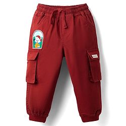 Babyhug Twill Woven Full Length Trouser With Stretch Animal Print Patch - Maroon