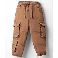 Babyhug Twill Woven Full Length Trouser With Text Patch - Brown