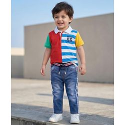 Babyhug Cotton Denim Full Length Washed Jeans with Stretch - Blue