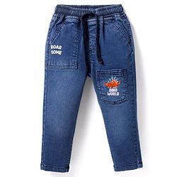 Babyhug Cotton Denim Full Length Jeans With Dino Embroidery - Blue