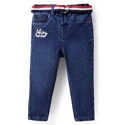 Babyhug Cotton Denim Full Length Jeans With Belt Text Embroidery - Blue
