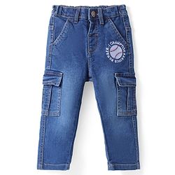 Babyhug Cotton Denim Full Length Washed Jeans with Stretch & Sports Embroidery - Navy Blue