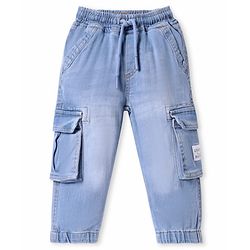 Babyhug Full Length Washed Denim Jogger With Stretch & Cargo Pockets - Light Blue