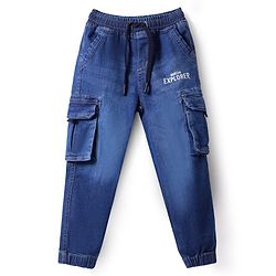 Babyhug Full Length Washed Denim Jeans With Text Print & Stretch - Blue