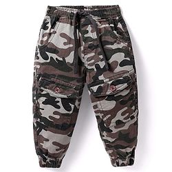 Babyhug Cotton Lycra Woven Full Length Trousers With Stretch Camouflage Print -Dark Green