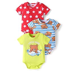 Babyhug 100% Cotton Knit Half Sleeves Onesies with Stripes & Bear Print Pack of 3 - Red Blue & Light Green