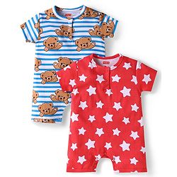 Babyhug 100% Cotton Knit Half Sleeves Striped Rompers with Bear & Stars Print Pack of 2 - Red & Blue