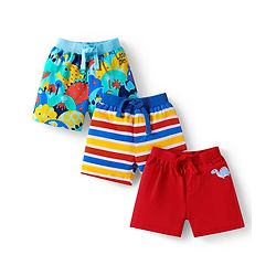 Babyhug Single Jersey Knit Shorts with Stripes & Dino Print of 3 - Blue & Red
