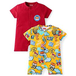 Babyhug 100% Cotton Knit Half Sleeves Rompers with Animal Print Pack of 2 - Red & Yellow