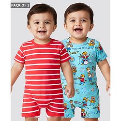 Babyhug 100% Cotton Knit Half Sleeves Rompers with Stripes & Animal Pack of 2 - Red & Light Blue