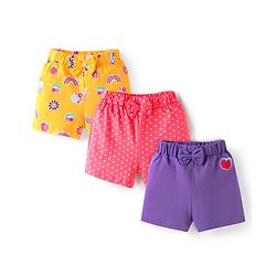 Babyhug Single Jersey Knit Shorts with Polka Dots Tropical Print & Bow Applique Pack of 3 - Pink & Purple