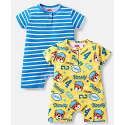 Babyhug 100% Cotton Knit Half Sleeves Rompers with Sports Theme Print & Stripes Pack of 2 - Yellow & Blue