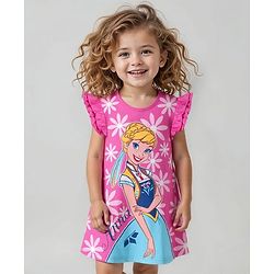 Babyhug Disney Single Jersey Knit Frill Sleeve Nighty With Anna Graphic - Pink