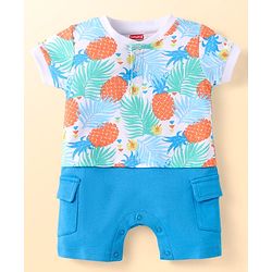 Babyhug 100% Cotton Knit Half Sleeves Romper With Fruit Print - White & Blue