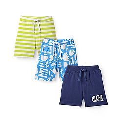 Babyhug Cotton Knit Mid Thigh Shorts with Tropical Theme Print & Stripes Pack of 3 - Light Green Navy & Light Blue