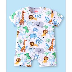 Babyhug 100% Cotton Half Sleeves Romper With Animal Print -White