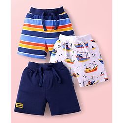 Babyhug Single Jersey Knit Mid Thigh Shorts With Ship Print Pack of 3 - Navy Blue White & Multicolor