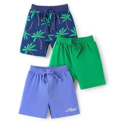 Babyhug Cotton Knit Mid Thigh Length Shorts with Beach Theme Print Pack of 3 - Navy Blue Green & Blue