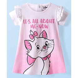 Babyhug Disney Cotton Knit Frill Sleeves Nighty With Marie Graphic - Pink