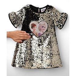 Babyhug Disney Cotton Woven Half Bell Sleeves Party Dress with Elsa & Anna Applique & Sequin Detailing - Black