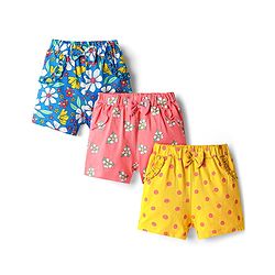 Babyhug Single Jersey Knit Mid Thigh Floral & Polka Dot Printed Shorts With Bow Applique Pack of 3 - Yellow Pink & Blue