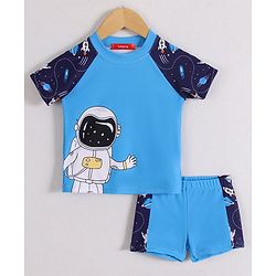 Babyhug Half Raglan Sleeves Two Piece Swimsuit With Space Theme Print - Blue