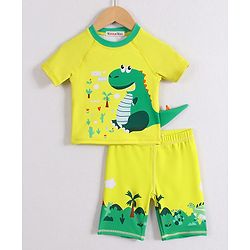 Babyhug Half Raglan Sleeves Two Piece Swimsuit With Dino Print & Applique - Yellow