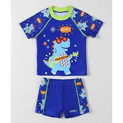 Babyhug Half Raglan Sleeves Two Piece Swimsuit With Dino Print - Blue