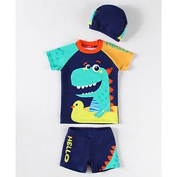 Babyhug Half Raglan Sleeves Two Piece Swimsuit With Dino Print & Swimming Cap - Navy Blue