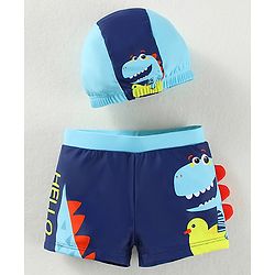 Babyhug Swimming Trunk With Dino Print & Swimming Cap - Navy Blue
